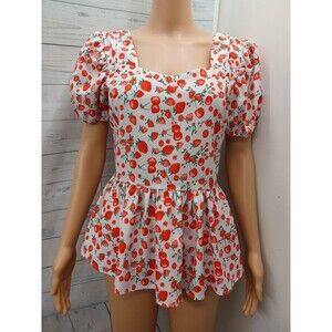 Belle Paque S/M Top Floral Strawberry Cherry  Puff Sleeve Peplum Red White Y2K